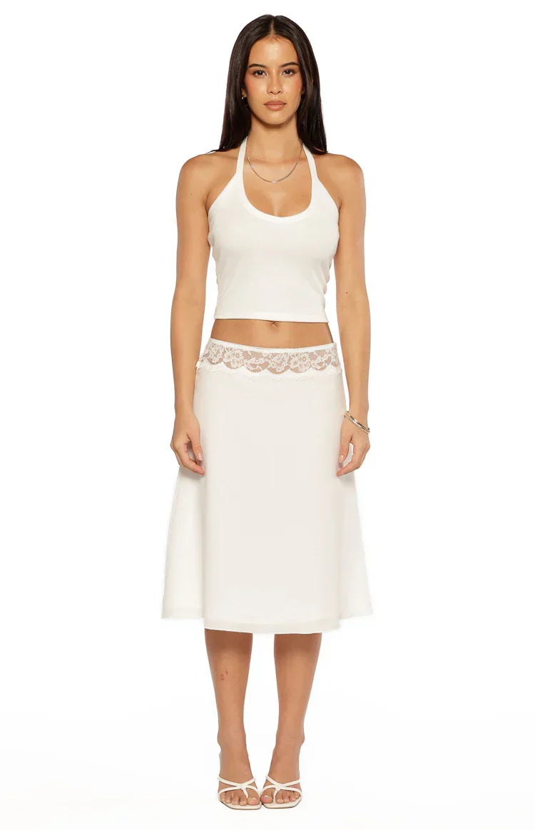 Reighn White Lace Detail Midi Skirt