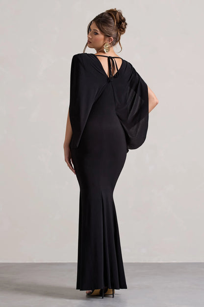 Perry Black V Neck Cape Sleeve Split Maxi Dress
