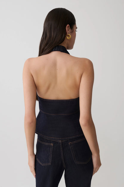 Rema Halter Longline Denim Top Washed Indigo Blue