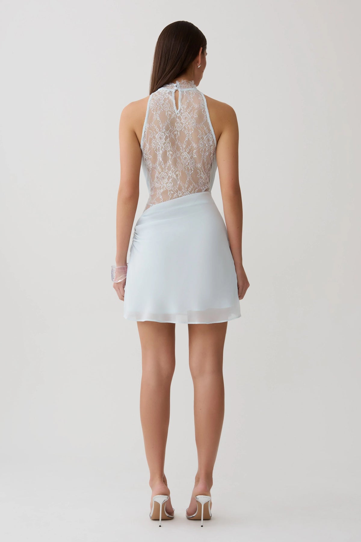 Arra Chiffon And Lace Halter Mini Dress Ice Blue
