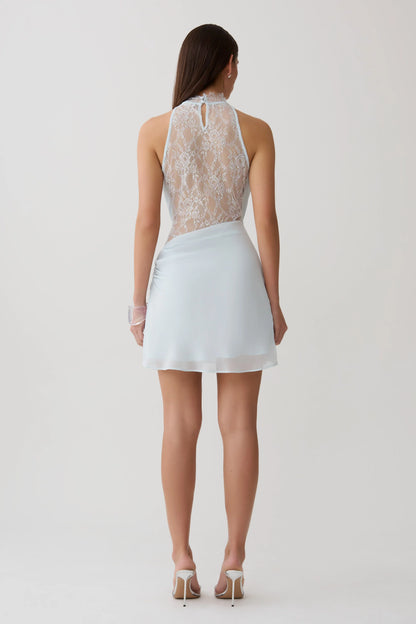 Arra Chiffon And Lace Halter Mini Dress Ice Blue