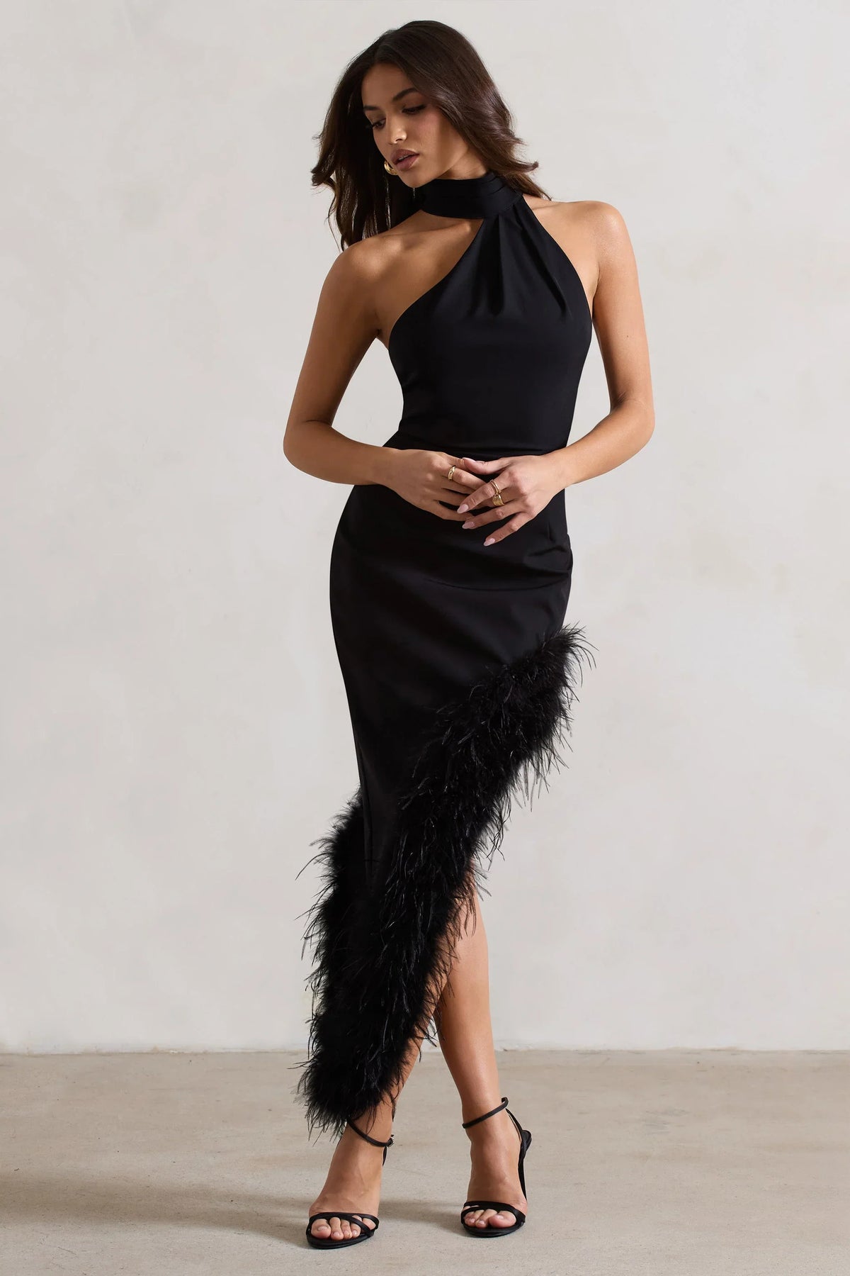 Brilliance Black Asymmetric Maxi Dress With Feather Trim