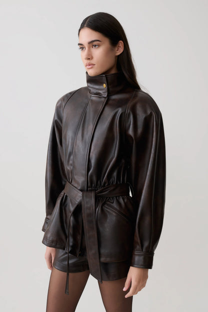 Adaline Faux Leather Cinch Waist Jacket Dark Chocolate