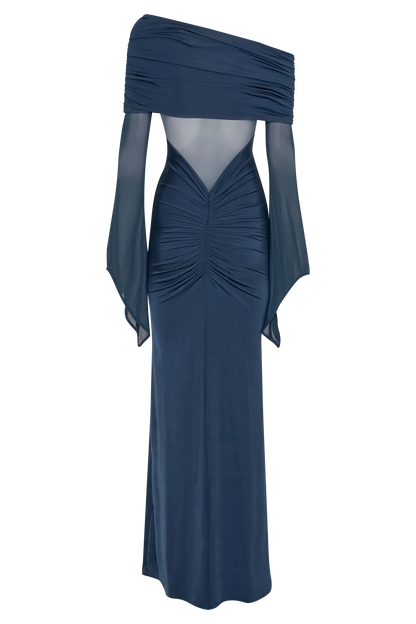 Kaitlin One Shoulder Slinky And Mesh Maxi Dress Midnight Blue