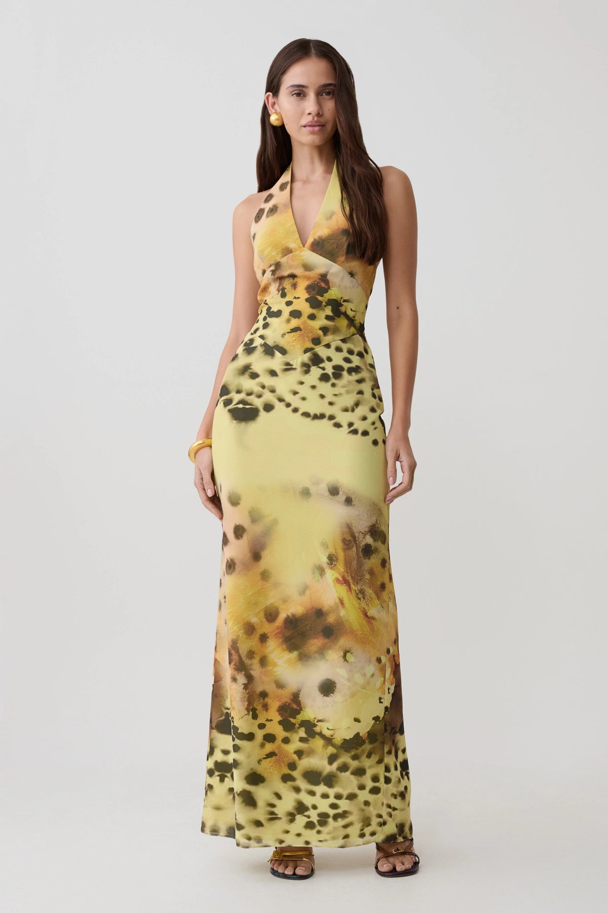 Valentina Chiffon Halter Maxi Dress Yellow Floral Leopard Print