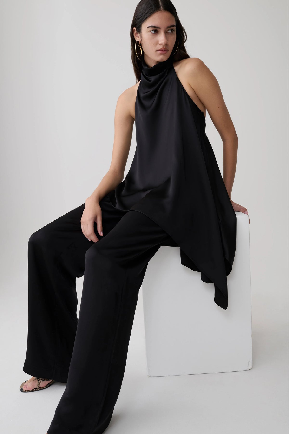 Sydney Asymmetrical Satin Halter Top Black