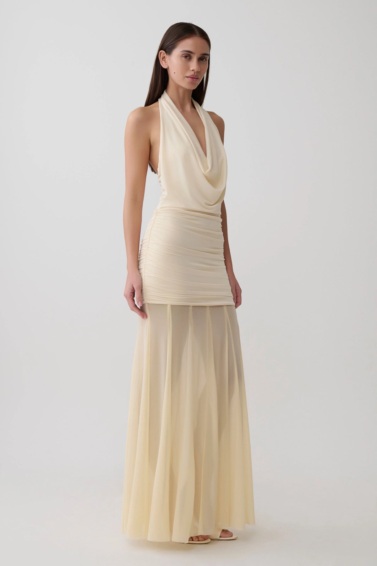 Jorja Draped Halter Slinky Maxi Dress Ivory