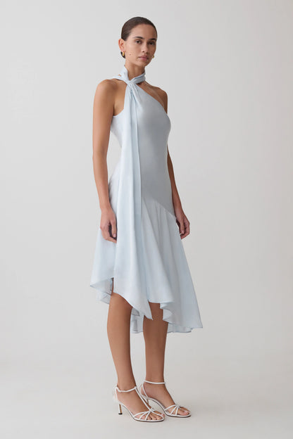 Evelina Halter Asymmetric Hem Midi Dress Ice Blue