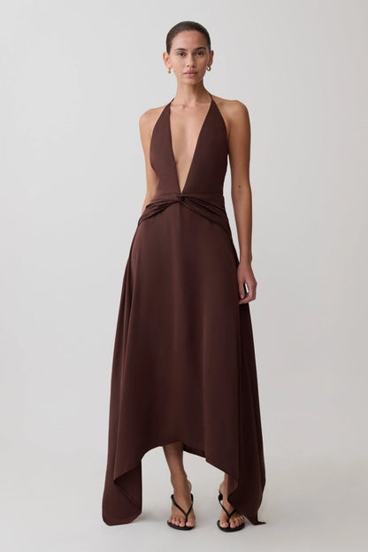 Cyra Plunge Satin Midi Dress Dark Chocolate