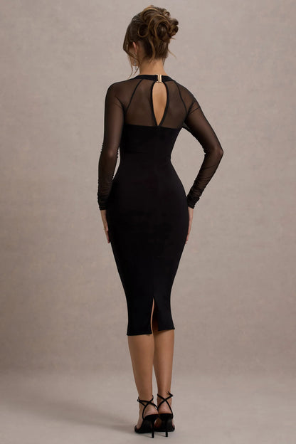 Off Track Black Bodycon Midi Dress With Sheer Sleeves