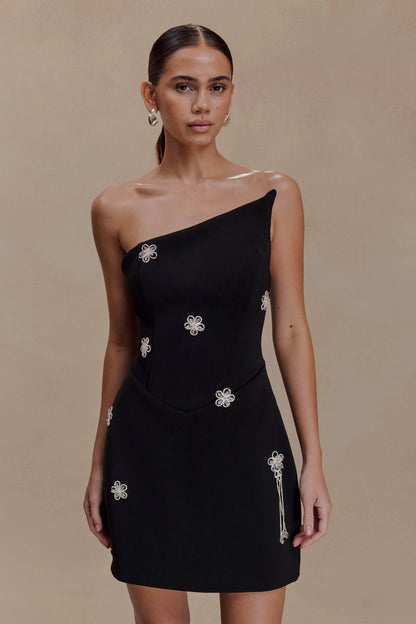 Liva Strapless Diamante Floral Trim Mini Dress Black