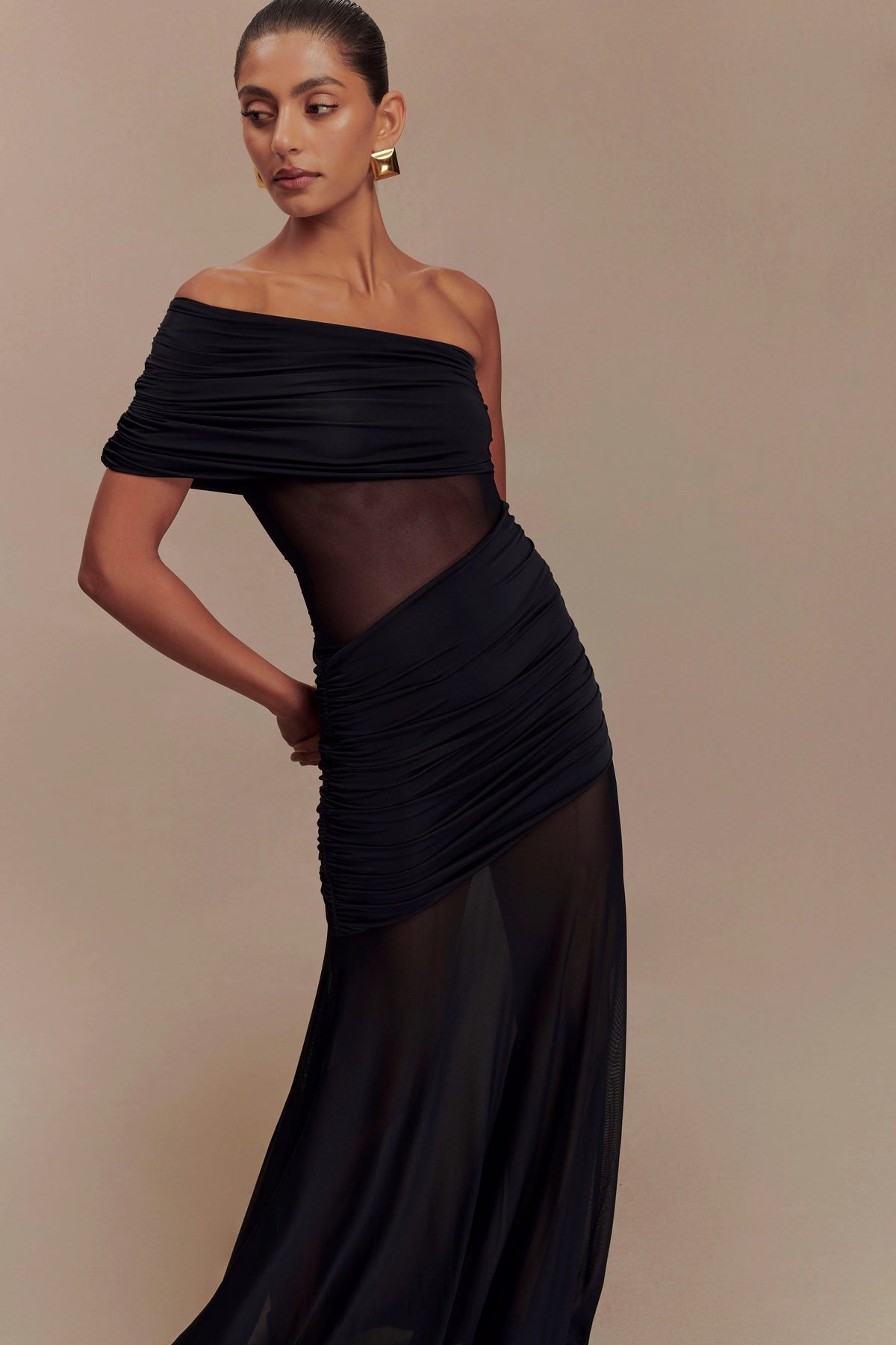 Dallas One Shoulder Mesh Maxi Dress Black