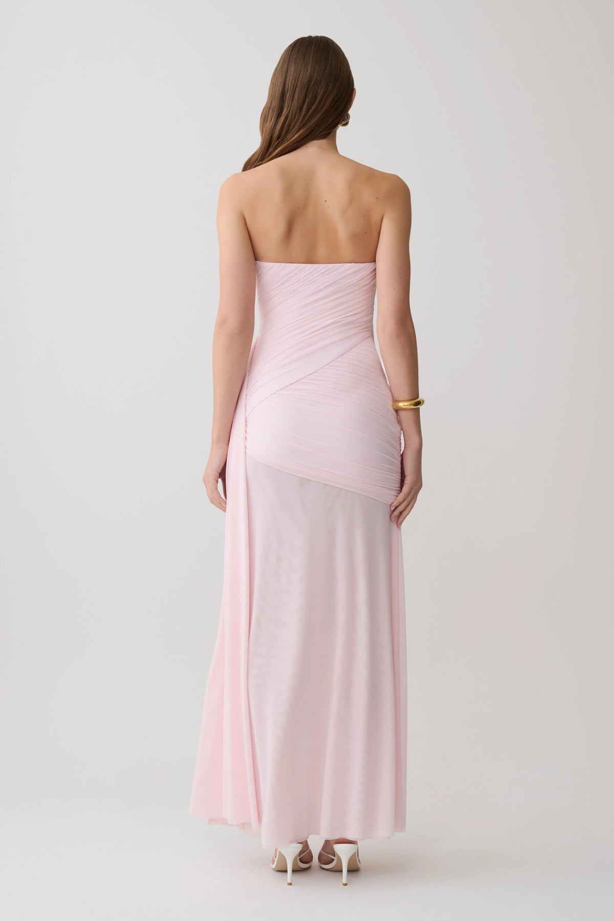 Monet Strapless Ruched Mesh Maxi Dress Ballet Pink