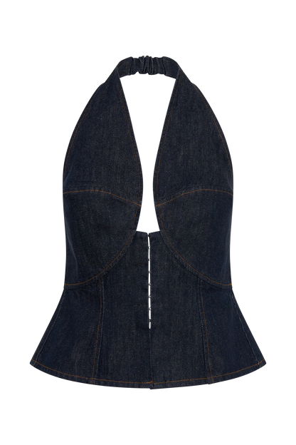 Rema Halter Longline Denim Top Washed Indigo Blue