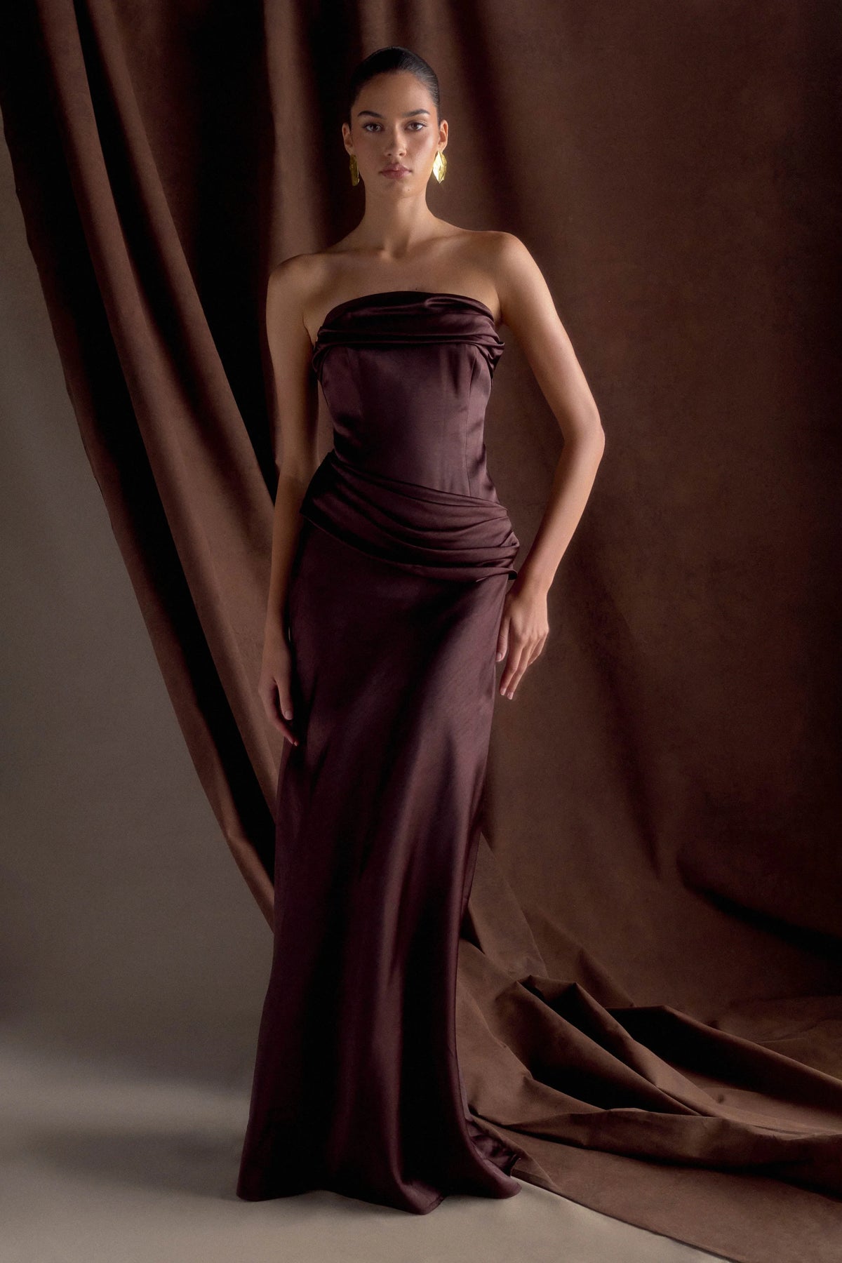 Jasmine Strapless Satin Maxi Dress Dark Chocolate