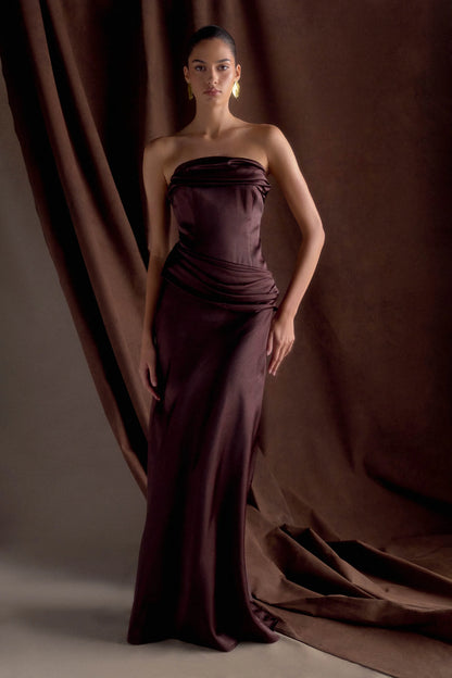 Jasmine Strapless Satin Maxi Dress Dark Chocolate