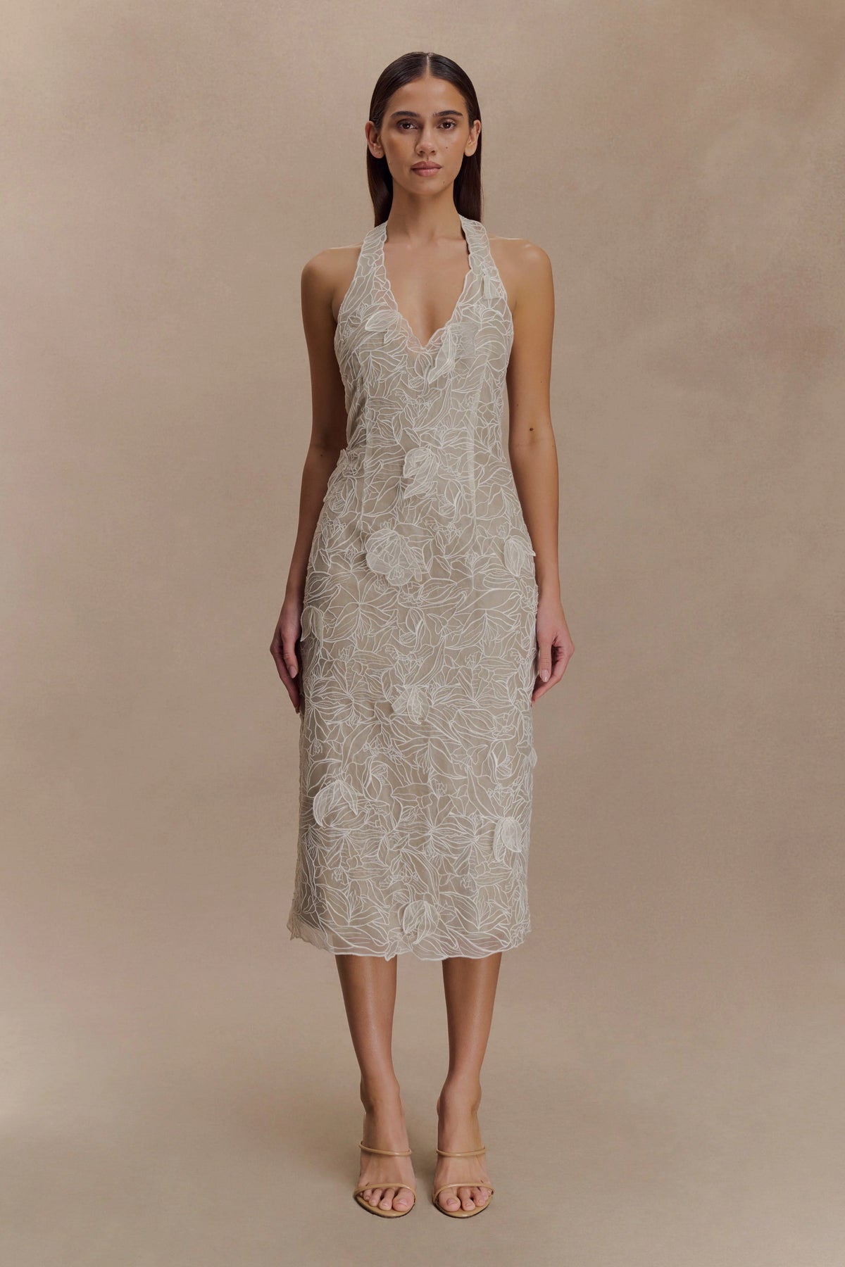 Lenore Silk Lace Halter Midi Dress Ivory