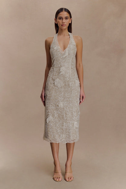 Lenore Silk Lace Halter Midi Dress Ivory