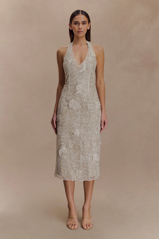 Lenore Silk Lace Halter Midi Dress Ivory