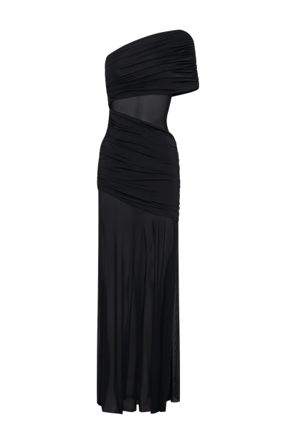 Dallas One Shoulder Mesh Maxi Dress Black