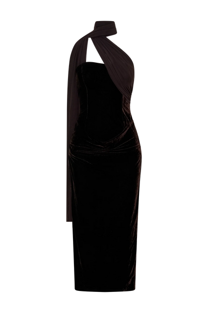 Mattea Velvet Midi Dress With Scarf Chocolate