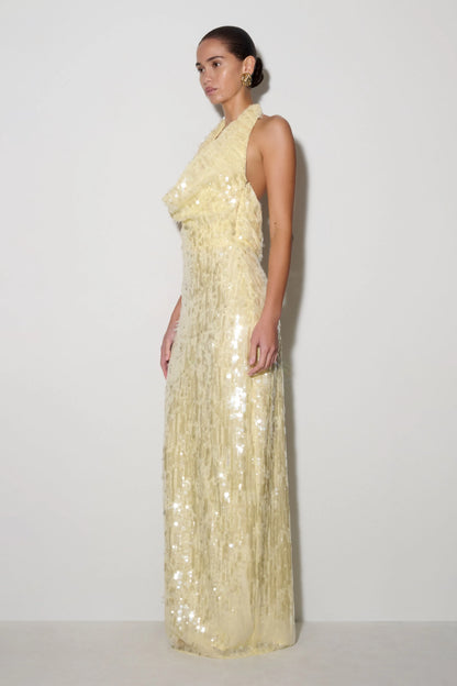 Gertrud Sequin Halter Maxi Dress Lemon