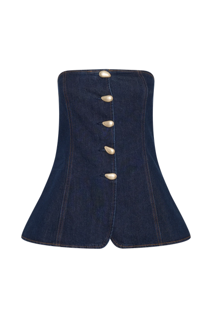 Lennox Strapless Long Line Button Top Indigo Blue