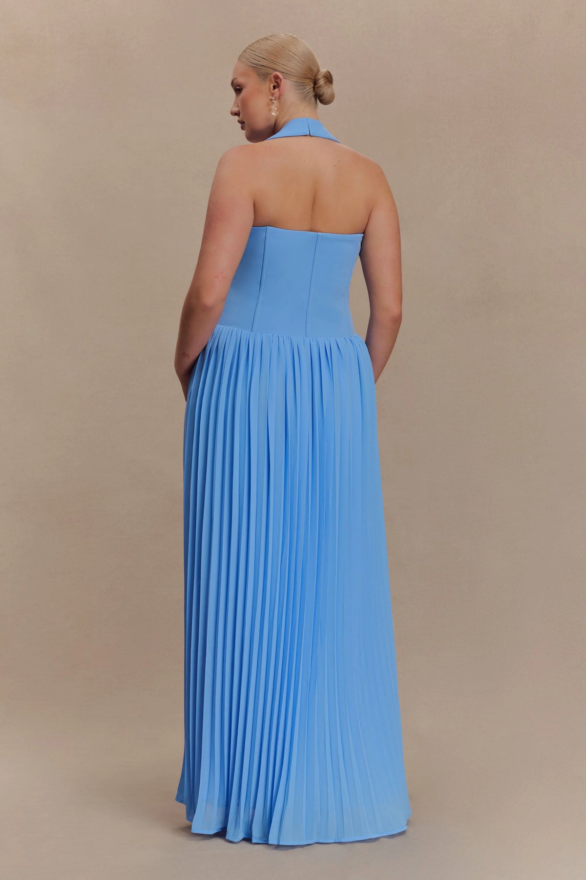 Stacie Pleated Halter Maxi Dress Bright Blue