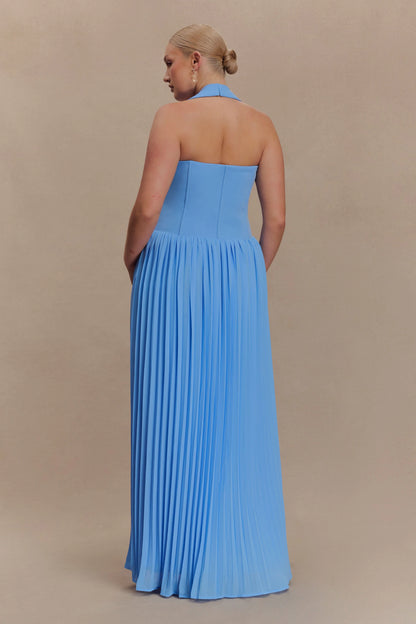 Stacie Pleated Halter Maxi Dress Bright Blue