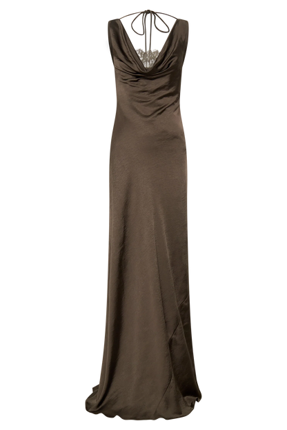 Ashley Cowl Neck Lace And Satin Maxi Dress Mocha
