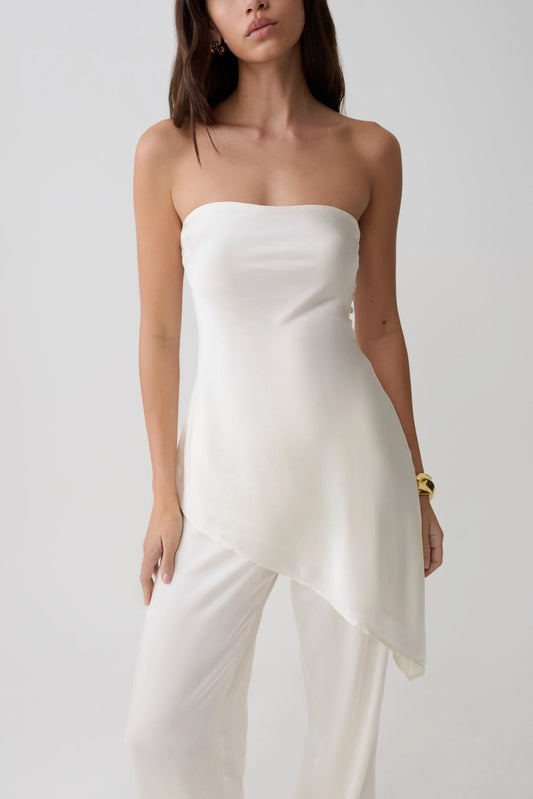 Kayla Silk Blend Strapless Asymmetric Top Ivory
