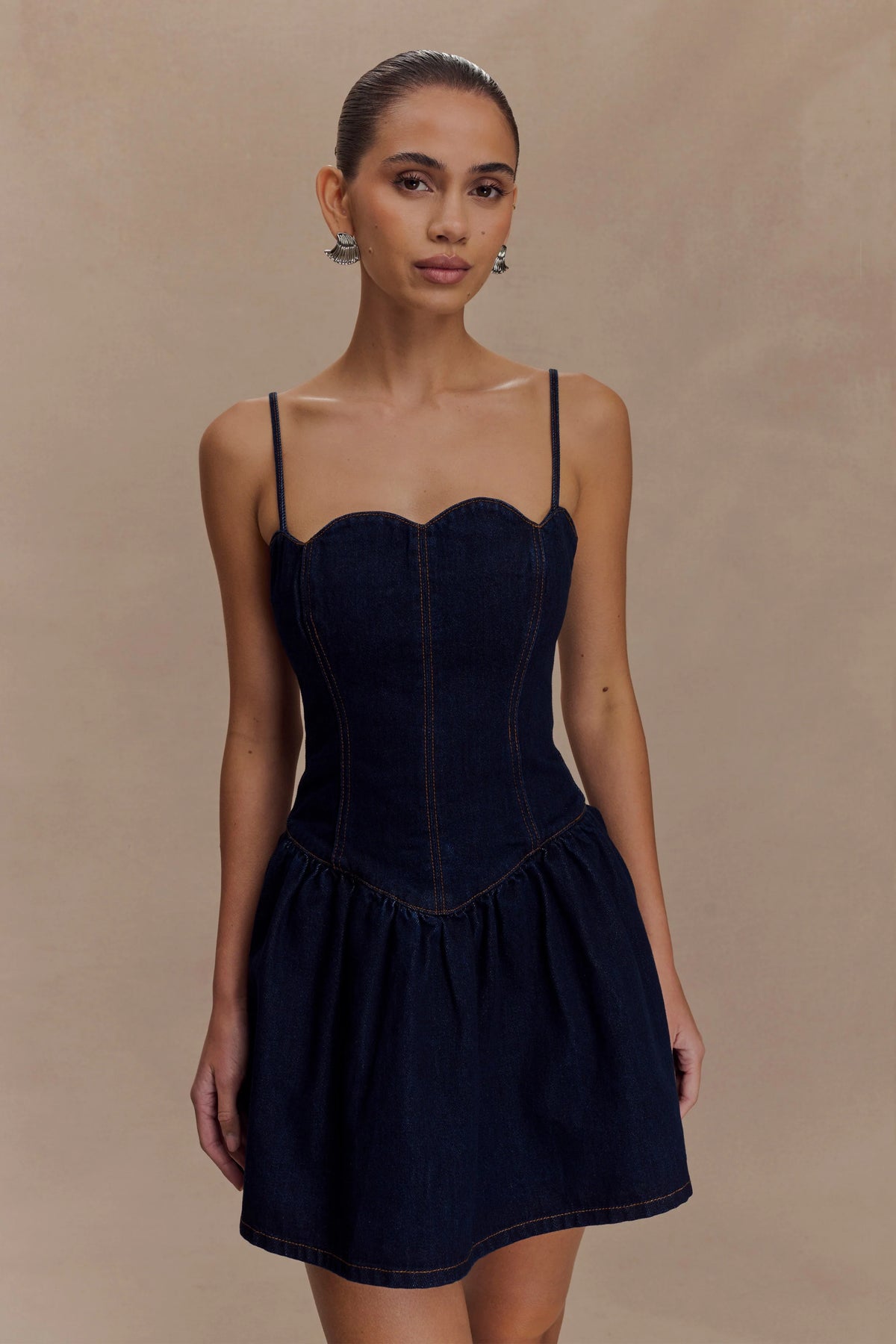 Cheyenne Scallop Denim Mini Dress Indigo Blue
