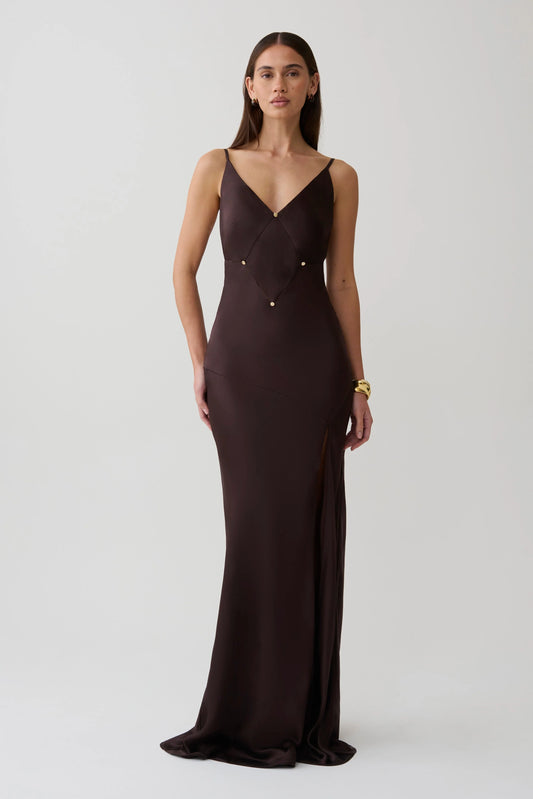 Maddison V Neck Satin Maxi Dress Dark Chocolate