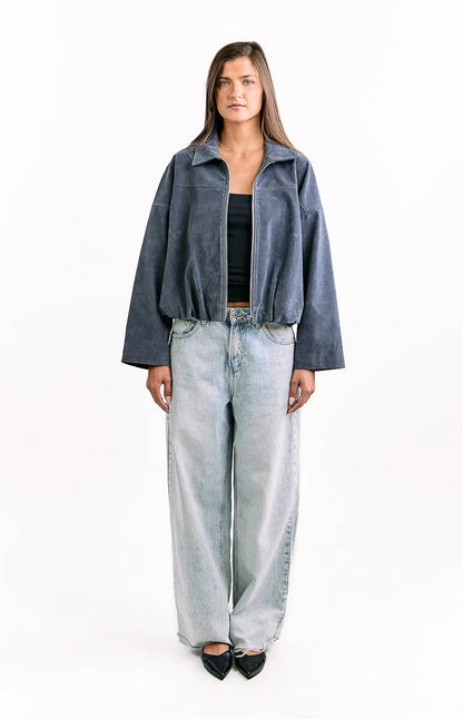 River Steel Grey Suedette Bubble Hem Bomber Jacket