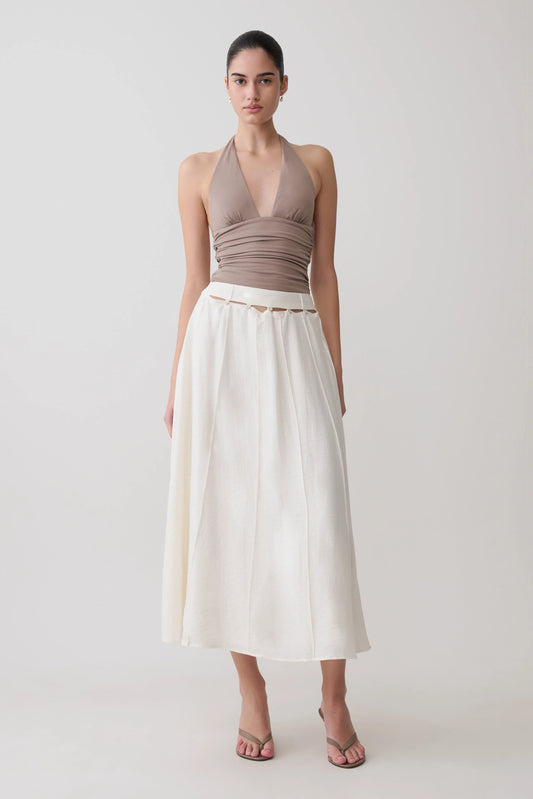Claire Pearl Button Midi Skirt White