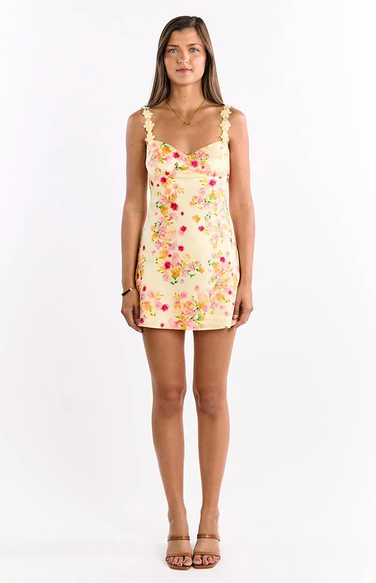Marbelle Yellow Bloom Satin Mini Dress