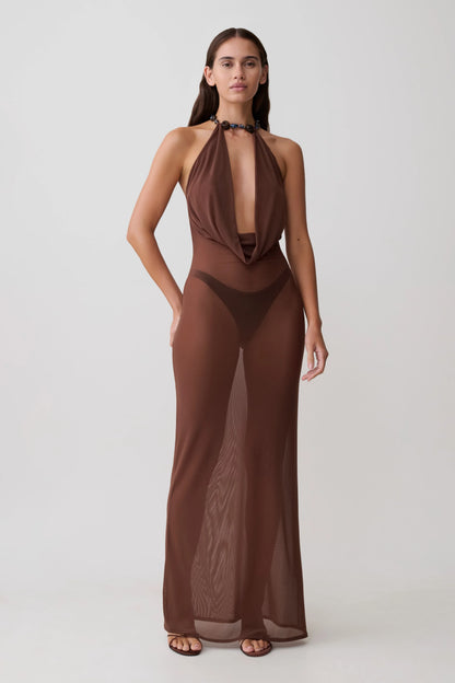 Ethal Mesh Cowl Neck Beaded Maxi Dress Chocolate