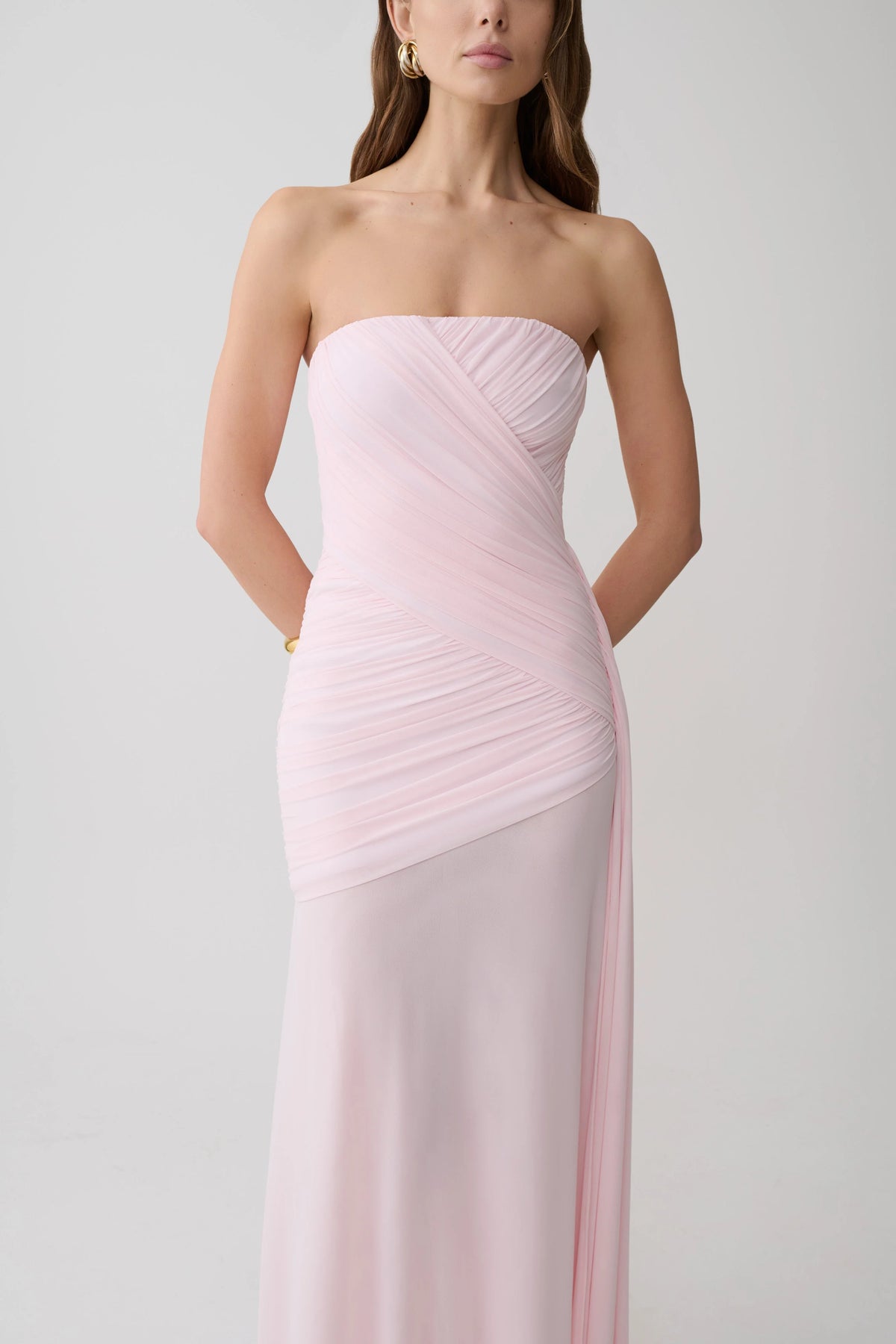Monet Strapless Ruched Mesh Maxi Dress Ballet Pink