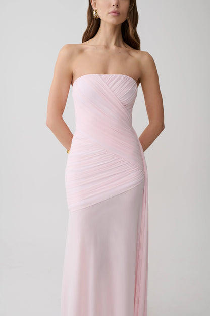 Monet Strapless Ruched Mesh Maxi Dress Ballet Pink