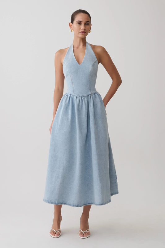 Miller Denim Halter Midi Dress Classic Blue
