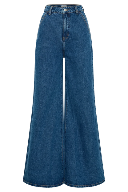 Jen Wide Leg Flare Denim Jeans Dark Blue