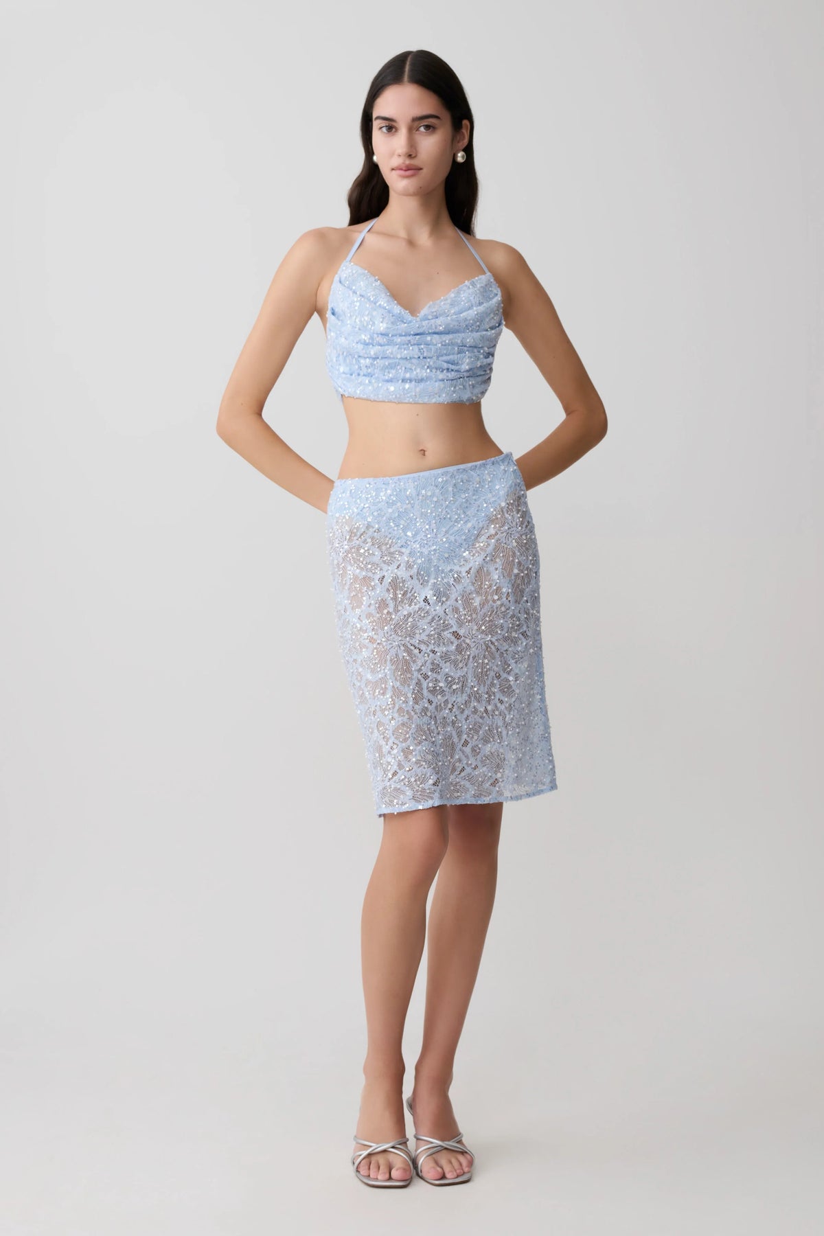 Kiara Pearl Beaded Cowl Crop Top Powder Blue