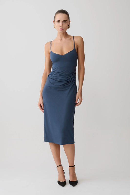 Vina Gathered Jersey Midi Dress Ink Blue