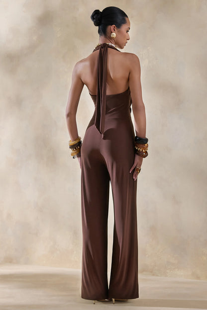 Clemence Brown Plunge Neck Jumpsuit
