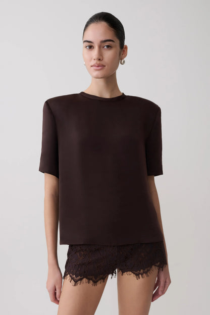 Harlyn Shoulder Pad Short Sleeve Satin Top Dark Chocolate