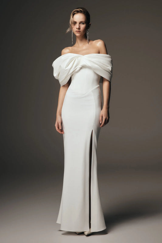 Aphrodite Off Shoulder Crepe Gown Ivory