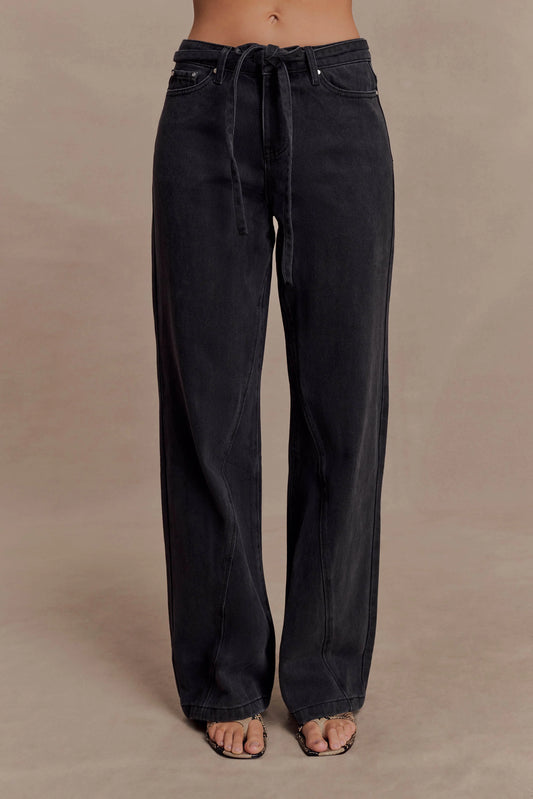 Perrie Mid Rise Straight Leg Tie Jeans Washed Black