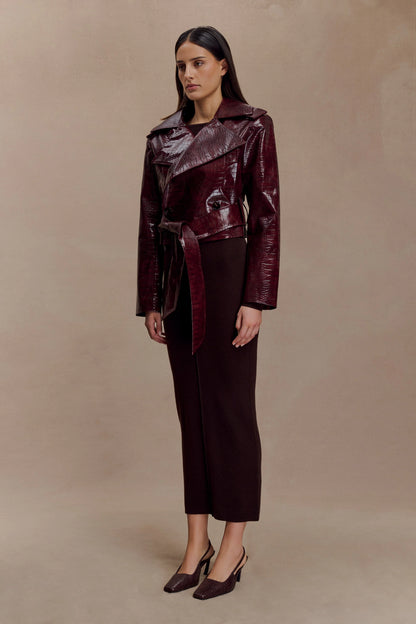 Archie Croc Faux Leather Cropped Jacket Burgundy