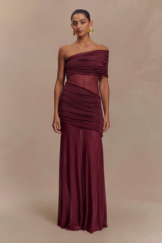 Dallas One Shoulder Mesh Maxi Dress Burgundy