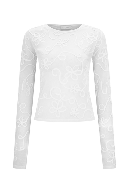 Omari Embroidery Long Sleeve Knit Top Ivory